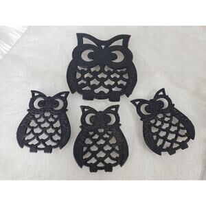 Vintage Lot Black Cast Iron Owl Trivet Wall‎ Hanging Taiwan Mod 70's Owl Decor